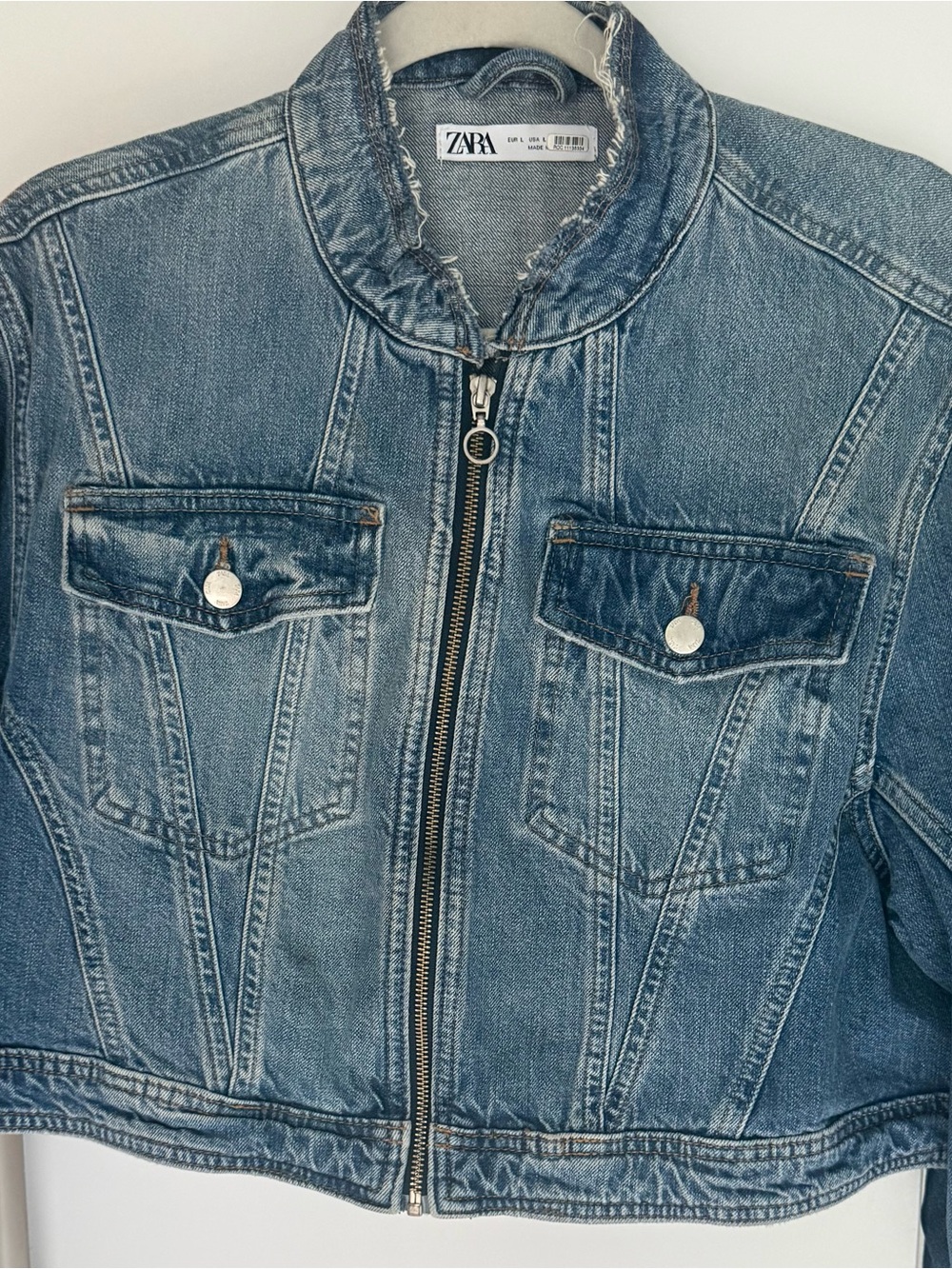 ZARA Blue Denim cropped Zip-Front crJacket